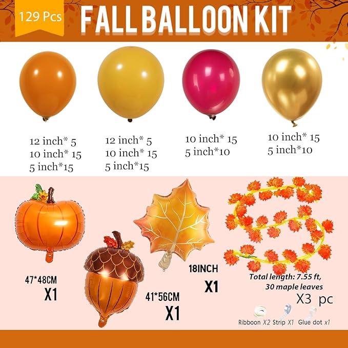 Fall Balloons Arch Garland Kit Burnt Orange Burgundy Mustard Yellow Balloon with Maple Leaf Garland Pumpkin Pine Cone Foil for Autumn Thanksgiving Harvest Birthday Baby Shower Party Decoration