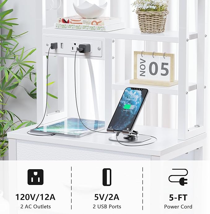 Furnulem Tall Nightstand with LED Lights and 3 Tier Shelves, Night Stand with 3 Fabric Drawers, 45.3inch Tall Bedside Tables with USB Ports and Outlets in Bedroom, Dorm, Office (White)