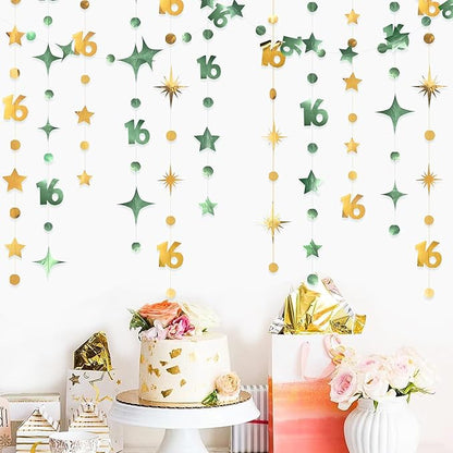 Sage Green Gold Number 16 Circle Dot Twinkle Star Garland Streamer Bunting Banner Backdrop Decorations for Girls Happy 16th Birthday Sweet Sixteen 16th Anniversary Cheers to 16 Years Party Decor