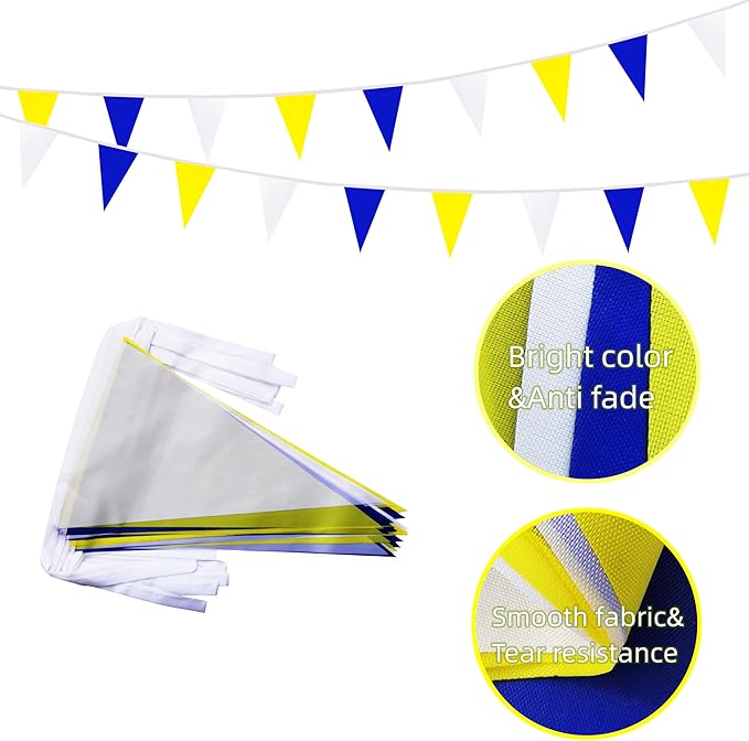 100 Feet 60 Pcs Yellow White and Blue Pennant Banner Flag String Hanging Triangle DIY Flag, Bunting Streamers Decoration for Grand Opening, Birthday, Wedding Celebration (Yellow White & Blue)