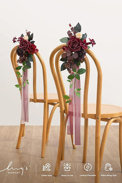 Ling's moment 8 Wedding Artificial Aisle Pew Flowers Chair Decorations Arrangements with Chiffon Ribbons Bordeaux Red for Ceremony Reception Chair Back Floral Decor Reception Church Party Outdoor