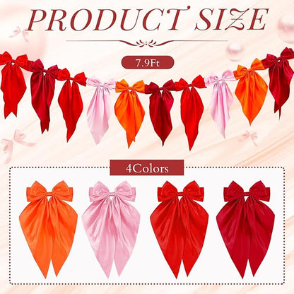 VitalCozy Red Bow Garland Banner, Satin Ribbon Bow Party Hanging Garland Decoration for Birthday Christmas Holiday Party Supplies