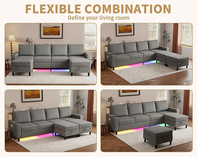 Smart Sectional Couches for Living Room, 6 Seat U/L Shaped Sectional Sofa with RGB Light/Charging, Modern Living Room Furniture for Apartments/Office/More (Light Gray)