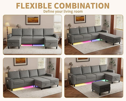 Smart Sectional Couches for Living Room, 6 Seat U/L Shaped Sectional Sofa with RGB Light/Charging, Modern Living Room Furniture for Apartments/Office/More (Light Gray)