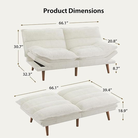 Pipishell Futon Sofa Bed, Convertible Futon Adjustable Backrest & Armrests, Corduroy Sleeper Couch for Small Spaces, Living Room, Office, Guest Room (Pearl White, 66 Inch)