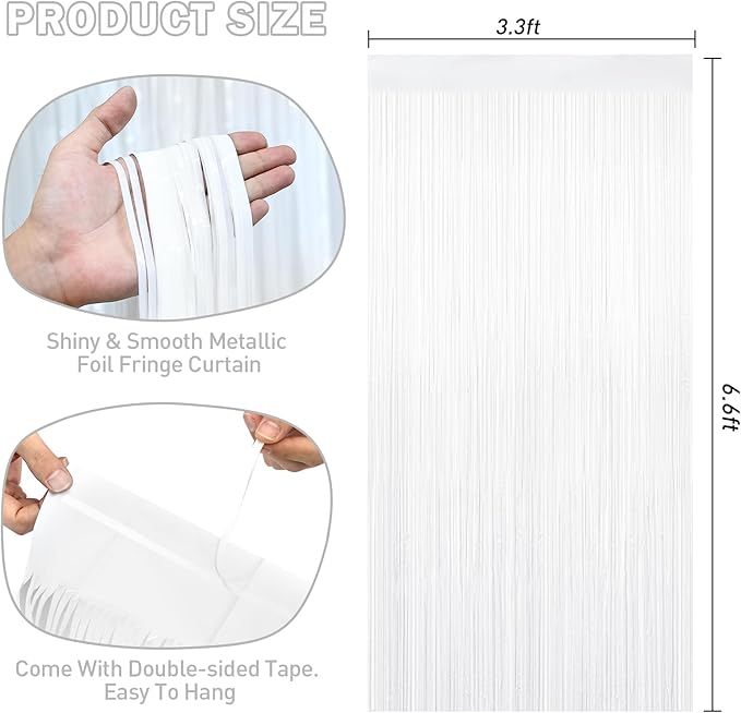 White Tinsel Backdrop Foil Fringe Curtains - 2 Packs Door Streamers Backdrop for Birthday Door Decorations, Party Supplies for Bachelorette, Graduation, Christmas, Disco Decor