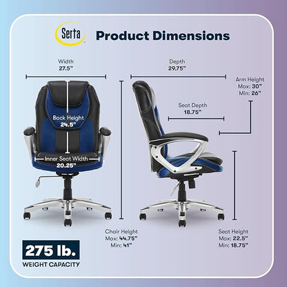 Serta Amplify Executive Office Chair with Faux Leather and Mesh, Adjustable Ergonomic Comfy Seat with Lumbar Support, Modern Computer DeskChairs, Swivel Rolling Wheels, Blue