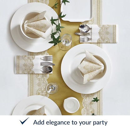 PAW - Linen Feel Napkins with Built-in Flatware Pocket, Soft and Absorbent Paper Pre-Folded Napkins with Gold Lace, Elegant Guest Towels, Wedding Party, Dinner, Birthday, Gatherings, 50 Count