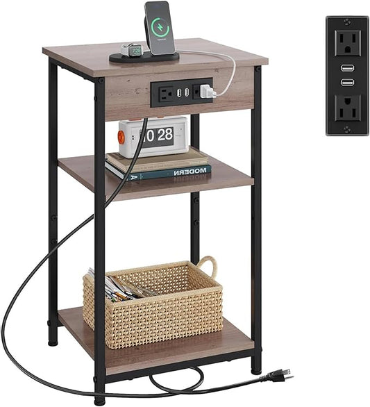 WLIVE End Table with Charging Station, Small Night Stand with 3 Storage Shelves, Side Tables for Small Spaces, Bedside Tables for Living Room, Bedroom, Grey