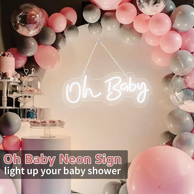 Oh Baby Neon Sign for Backdrop, 16.5”x 6.9” Dimmable Led Light up Sign for Baby Shower - Gender Reveal Birthday Party Decorations - White