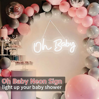 Oh Baby Neon Sign for Backdrop, 16.5”x 6.9” Dimmable Led Light up Sign for Baby Shower - Gender Reveal Birthday Party Decorations - White