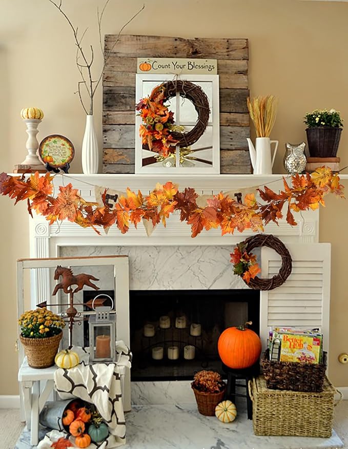 DearHouse 6 Pack Fall Garland Maple Leaf Clearance, 5.9Ft/Piece Hanging Vine Artificial Autumn Garland Thanksgiving Decor for Home Wedding Fireplace Party Christmas (Orange)