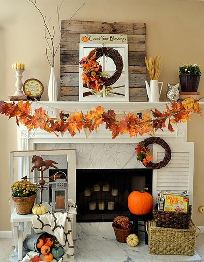 DearHouse 6 Pack Fall Garland Maple Leaf Clearance, 5.9Ft/Piece Hanging Vine Artificial Autumn Garland Thanksgiving Decor for Home Wedding Fireplace Party Christmas (Orange)