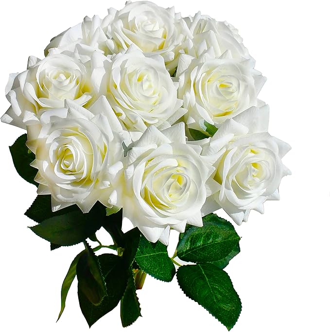 Mandy's Artificial White Rose 10 Stems Silk Flowers with Bendable Plastic Stems for Wedding Centerpieces Home Decor Gifts 13.5 Inch