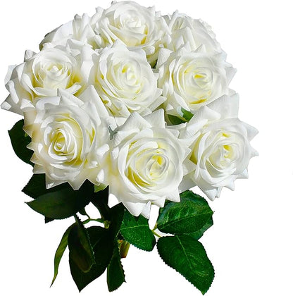 Mandy's Artificial White Rose 10 Stems Silk Flowers with Bendable Plastic Stems for Wedding Centerpieces Home Decor Gifts 13.5 Inch