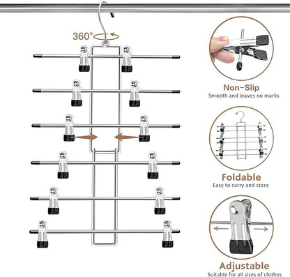 Pants Hangers with Clips,Space Saving Hanging Closet Organizer-6 Tiers Skirt Hangers with 360° Swivel Hook,Closet Organizer-Clothes Hangers- College Dorm Essentials Apartment Essentials- 6 Pack