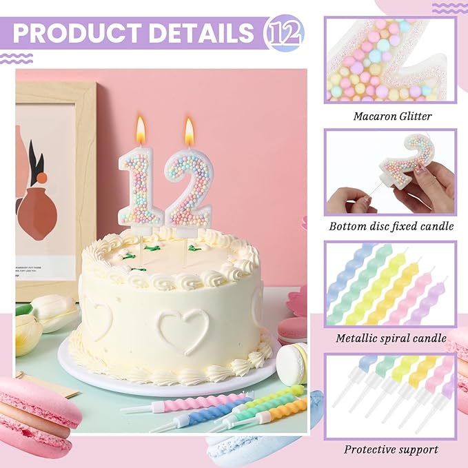 MTLEE Number 12 Birthday Candle with 12 Pcs Spiral Candles for Girls Macaron Pastel Rainbow Unicorn Pink Cake Topper for Sweet Theme Party Decoration
