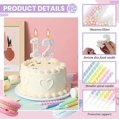 MTLEE Number 12 Birthday Candle with 12 Pcs Spiral Candles for Girls Macaron Pastel Rainbow Unicorn Pink Cake Topper for Sweet Theme Party Decoration