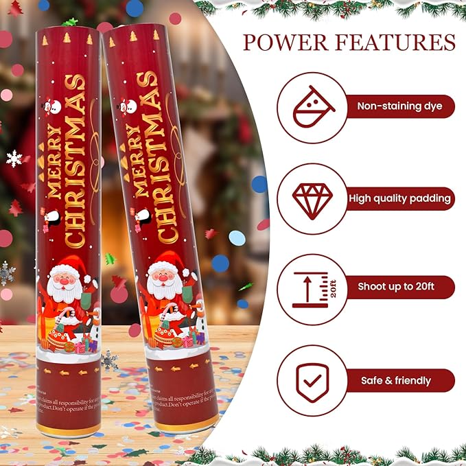 Confetti Cannon Christmas Multicolor Party Poppers 2 Pack Confetti Popper 12 Inch Xmas Confetti Shooters Colorful Confetti Cannons Bulk for Christmas New Year Eve Festival Holiday Celebrations