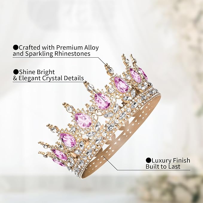 Onedor Pink Queen Crown for Women Crystal Rhinestone Wedding Tiara Princess Crown Cake Topper Large Rose Gold Corona para Pastel de Mujer for Birthday, Prom, Pageant, or Bridal Hair Accessories
