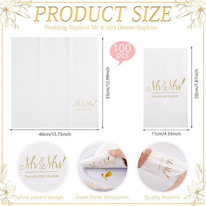 200PCS Gold Napkins - 3-Ply Mr and Mrs Napkin - Disposable Dinner Paper Napkins for Table Decorations, Ideal for Weddings, Showers, Engagement Parties