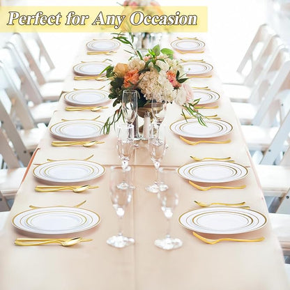 BESTSTAR 100PCS White Plastic Plates Set with Gold Rim, 50 10.25 inch Heavy Duty Dinner Plate and 50 7.5 inch Dessert Appetizer Plates, Premium Disposable Plates for Party, Wedding, Birthday