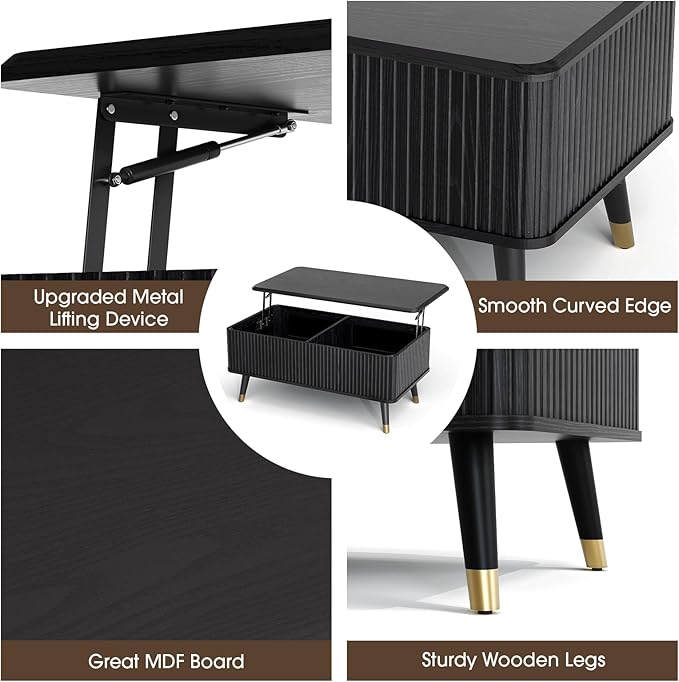 Lift Top Coffee Table with Storage, Modern Black Fluted Design, Pop-Up Center Table with Hidden Compartment for Living Room & Home Office Work/Dining