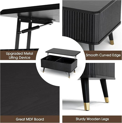 Lift Top Coffee Table with Storage, Modern Black Fluted Design, Pop-Up Center Table with Hidden Compartment for Living Room & Home Office Work/Dining