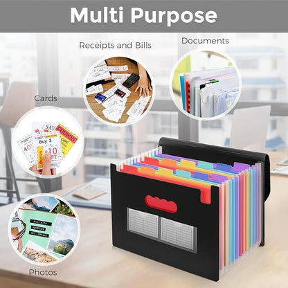 SKYDUE Accordion File Organizer, Expanding File Folder with 13 Pockets, Portable Document Paper Bill Receipt Organizer, School Office Supplies, Letter A4 Size Black