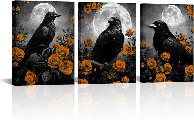 LevvArts Crow Canvas Wall Art Gothic Crow with Rose Painting Spooky Pictures Bathroom Bedroom Wall Decor (Orange)