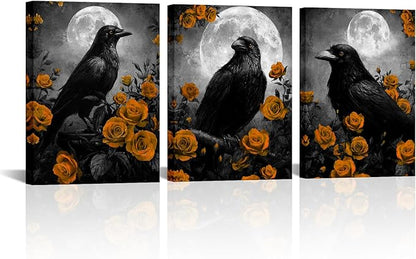 LevvArts Crow Canvas Wall Art Gothic Crow with Rose Painting Spooky Pictures Bathroom Bedroom Wall Decor (Orange)