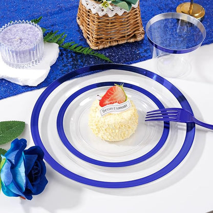 Liacere 350PCS Blue Plastic Plates - Clear with Blue Trim for 50Guests Dinnerware Include 100 Clear Plates disposable 150 Silverware 50Napkins for Wedding＆Back to School＆Labor Day&New Year