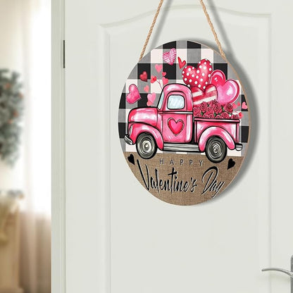Valentines Day Door Sign for Front Door Farmhouse Pink Truck Hearts Wood Hanger 12"x12" Buffalo Plaid Check Heart Outdoor Outside Porch Decor Happy Valentines Wreath Pediment Plaque Wall Hanging
