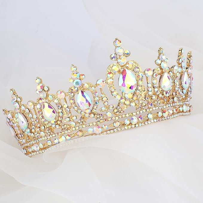 COCIDE Gold Queen Crown for Women Crystal Tiara and Crown for Girl Rhinestones Hair Accessories for Wedding Bride Birthday Party Prom Bridal Bridesmaid (Aurora Borealis + Gold Tiara)