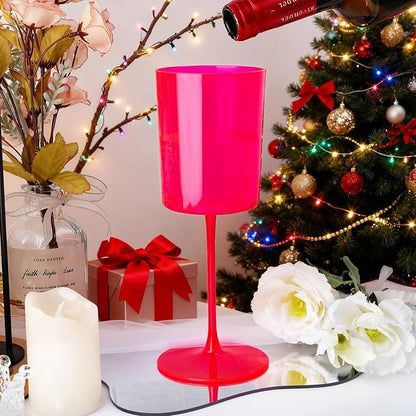 Ciaell 12 Pack Plastic Wine Glasses - 14Oz Hot Pink Plastic Wine Glasses With Stem - Disposable Stemmed Cups for Parties & Weddings
