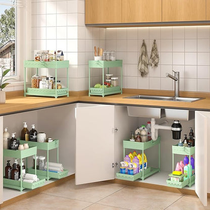 3 Pack Under Sink Organizers, 2-Tier Multi-Use Kitchen and Bathroom Organizers and Storage with Sliding Drawers, Bathroom Cabinet Organizer (Green, 14.8 Inch)