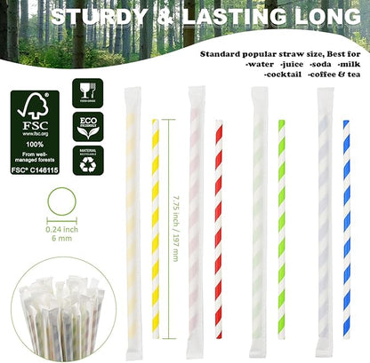 Disposable Paper Drinking Straws Bulk, Individually Wrapped - 7.75 Inch, Assorted Colors (Case of 1000)