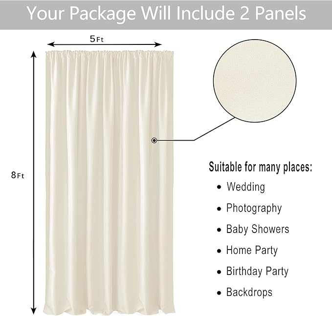 Hiasan Champagne Screen Backdrop Curtains for Parties, Polyester Photography Backdrop Drapes for Family Gatherings, Wedding Decorations, 5ftx8ft, Set of 2 Panels