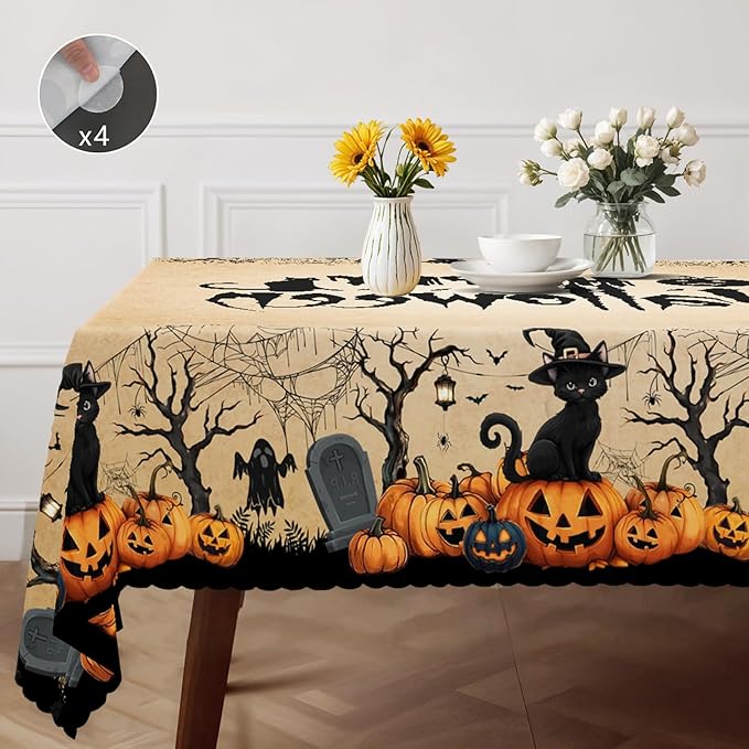 Eikione Rectangular Tablecloth 140x180inch, Halloween Pumpkin Bat Tablecloth Waterproof and Wrinkle-Free, Table Covers, Summer Decorations for Home Dining