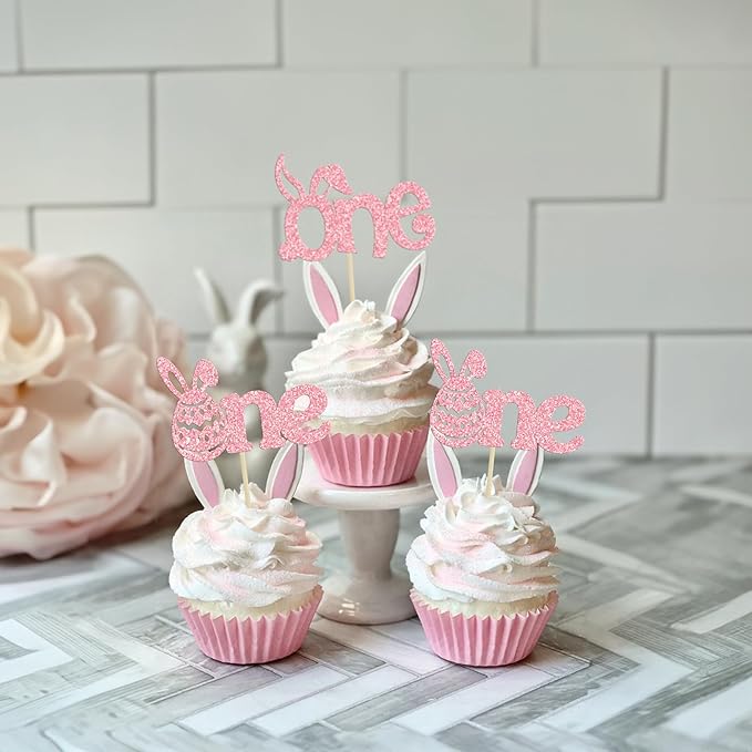 Ephlyn 24 Pcs Pink Glitter Cupcake Toppers - Happy Easter & Birthday Cake Decorations for Spring Parties