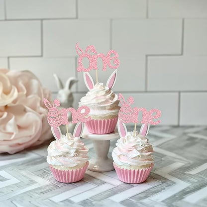 Ephlyn 24 Pcs Pink Glitter Cupcake Toppers - Happy Easter & Birthday Cake Decorations for Spring Parties