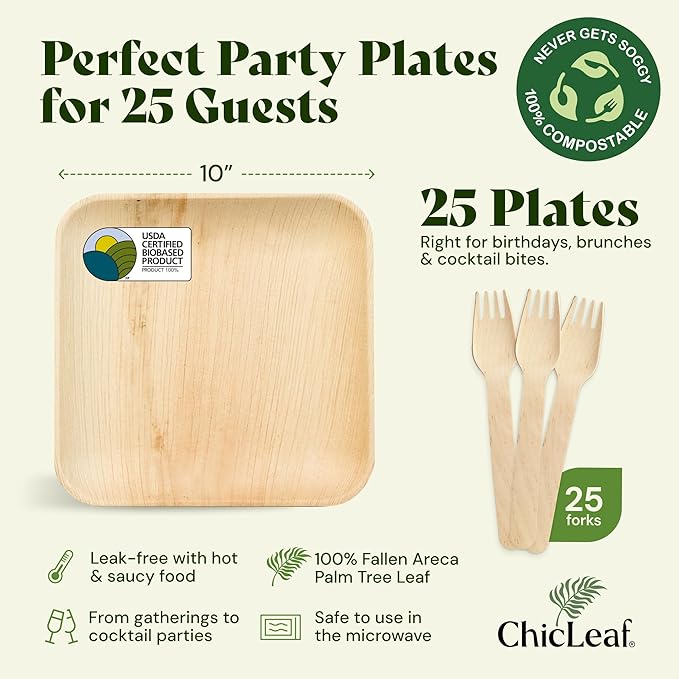 Chic Leaf Palm Leaf Plates Disposable Inch Square Pack Compostable Biodegradable & Eco Friendly Plates, Thanksgiving Dinner Meal and Chrsitmas - Microwave Safe Disposable (10'' - 25 Pack)