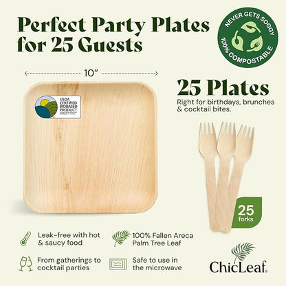 Chic Leaf Palm Leaf Plates Disposable Inch Square Pack Compostable Biodegradable & Eco Friendly Plates, Thanksgiving Dinner Meal and Chrsitmas - Microwave Safe Disposable (10'' - 25 Pack)
