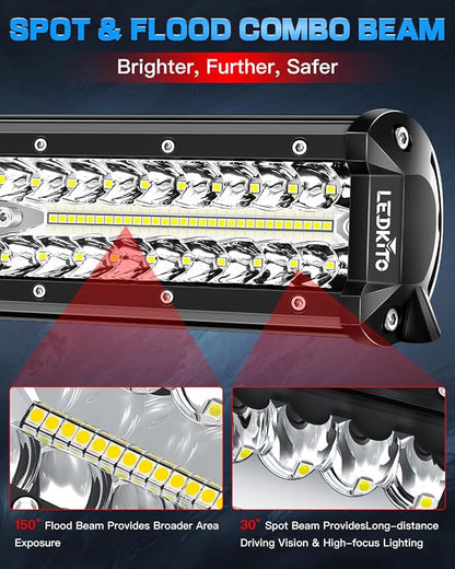 12 Inch LED Light Bar and 2PCS 4 Inch Pod Lights Off Road Lights with Switch 3 Lead Wiring Harness Triple Row Spot Flood Combo LED Light Bar for Truck Car UTV Boat