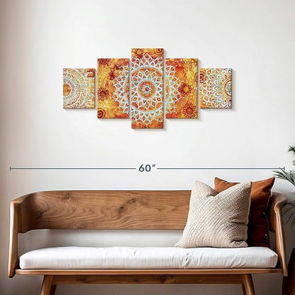 ElephantStock - Sun Like Mandala Symbols Wall Art - Horizontal Multi Panel Canvas - 5 Piece Living Room Wall Decor - Digital Art Elements Multi Piece Wall Art - Orange And Blue Decor - 42" x 19"