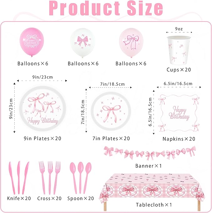 160pcs Pink Bow Birthday Decorations,Conquette Decorations Includes Napinks Plates Forks Pink Bow Theme Tableware Party Supplies Bow Girls Birthday Party Decor