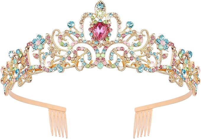COCIDE Gold Tiara for Women Crystal Crown with Colorful Gemstones Rhinestones Hair Accessories for Girl Birthday Party Princess Prom Bride Wedding Bridal