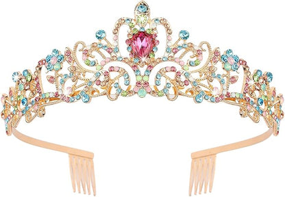 COCIDE Gold Tiara for Women Crystal Crown with Colorful Gemstones Rhinestones Hair Accessories for Girl Birthday Party Princess Prom Bride Wedding Bridal