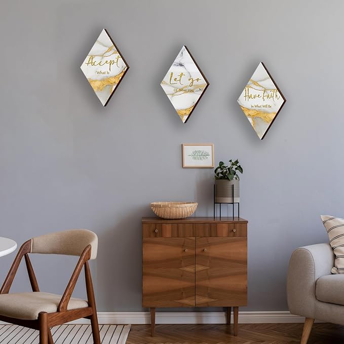 ONIZHITY 3 Pcs White Gold Bathroom Decor White Gold Wall Decor with Accept Let Go Have Faith Quote Rustic Vintage Farmhouse Wooden Hanging Signs for Home Living Room Bedroom Office(12x7 Inches)