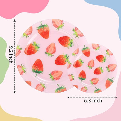 WELLIFE 20PCS Strawberry Plates – Pink Plastic Dinner & Dessert Plates (10×9.2" + 10×6.3"), Girls Birthday Party Plates, Baby Shower Tableware & Berry First Birthday Decorations
